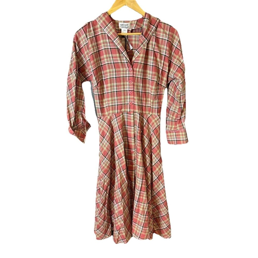 Unique Vintage Shirt Dress Women Small Multicolor 100% Cotton Plaid Shawl Collar